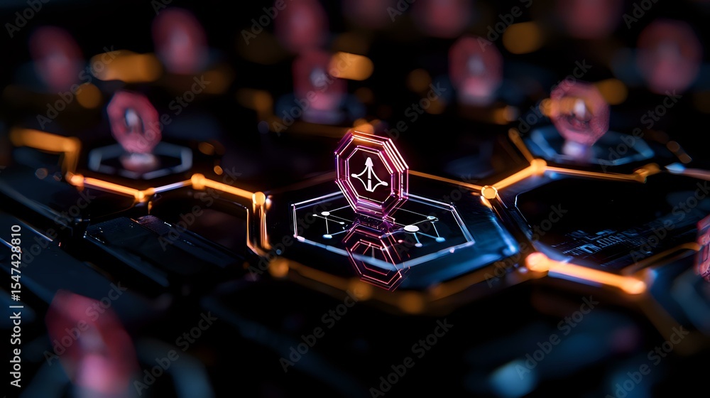 Aufkleber glowing hexagonal network with pink neon cryptocurrency symbol on dark background, digital blockchai
