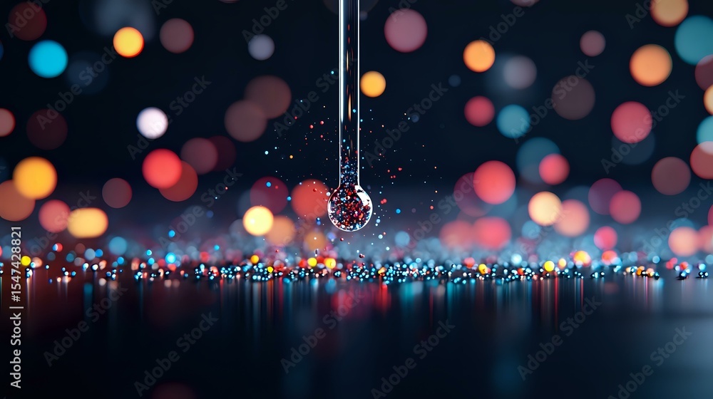 Poster water drop falling on reflective surface with colorful defocused bokeh lights creating magical atmos