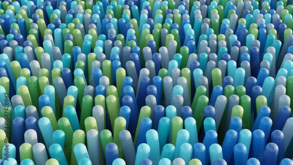 Poster high-quality 3d animation of abstract shapes rotating in a synchronized pattern with a blue, green, 