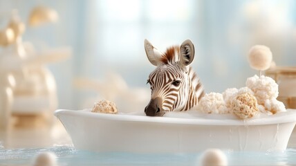 A zebra having a whimsical bath with playful showers and luxury features in an imaginative setting.