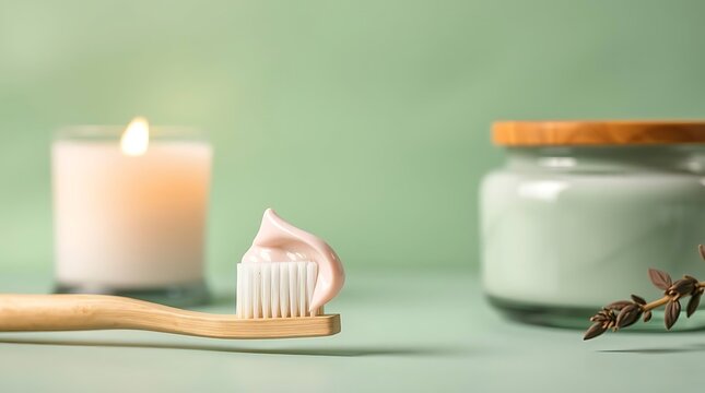 A bamboo toothbrush with pink toothpaste sits on a green background near a candle and jar of cream