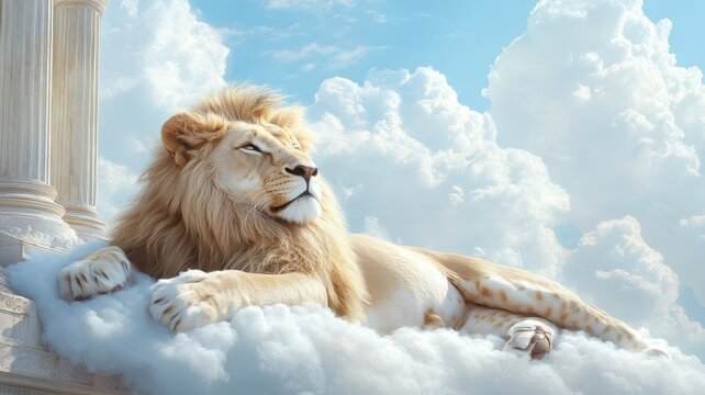 A lion lounging on a cloud near a grand Roman temple, merging mythical and classical beauty.