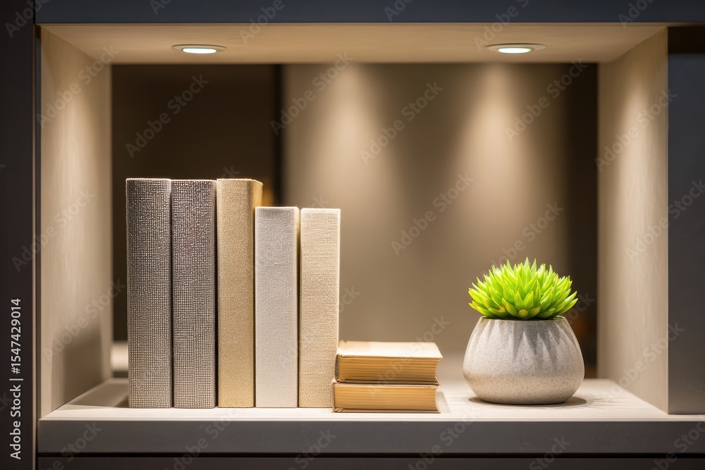 Aufkleber elegant bookshelf with books and plant illuminated by soft light, creating a cozy atmosphere for a m