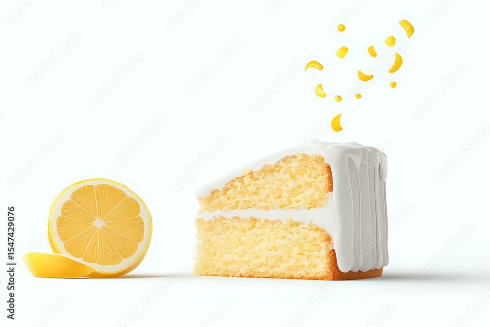 Poster slice of yellow layer cake with white frosting and floating lemon crescent shapes, accompanied by fr