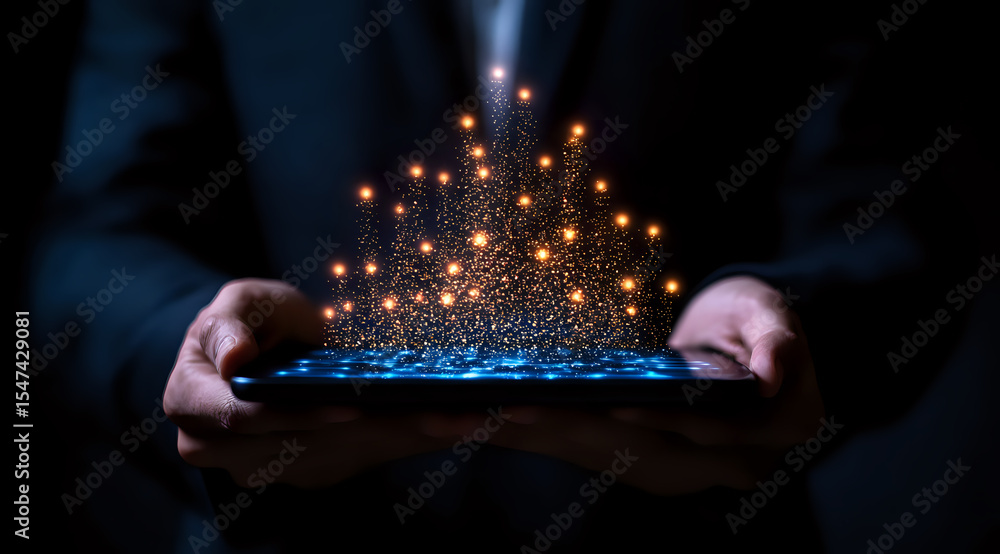 Aufkleber glowing magical particles rising from digital tablet held in hands against dark background, creating