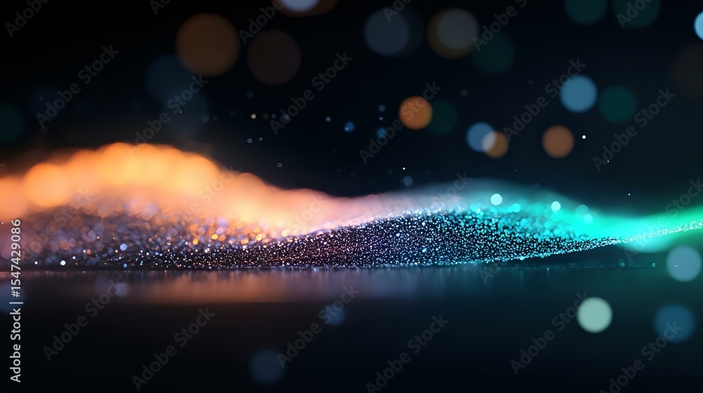 Poster abstract glowing wave of orange and turquoise particles with bokeh effect on dark background, dynami