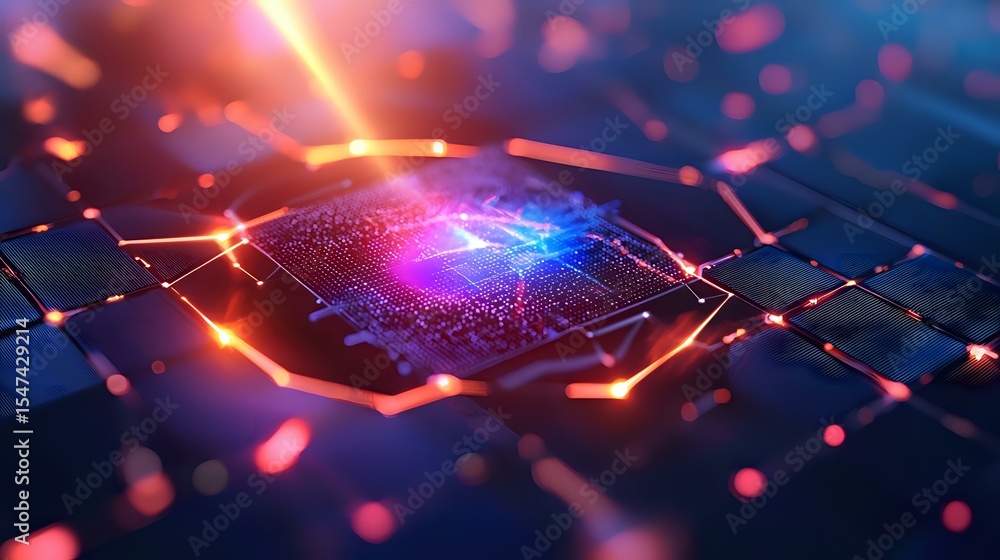 Poster glowing microchip with orange and blue light effects on dark background, digital technology concept 