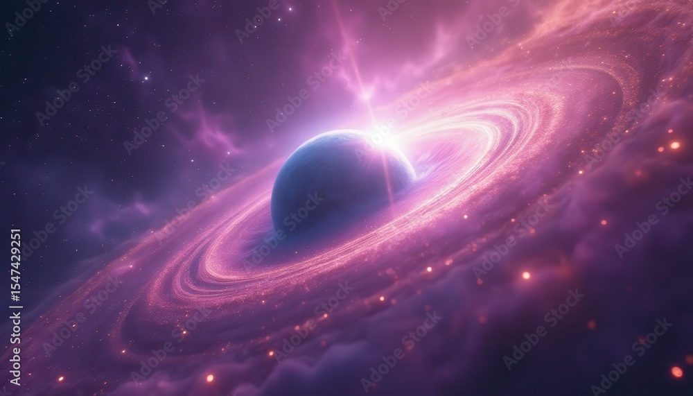 Poster Planet orbiting within vibrant nebula in outer space