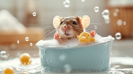 A rat having a whimsical bath with colorful bubbles and playful toys, in a fun and luxurious bathroom environment.
