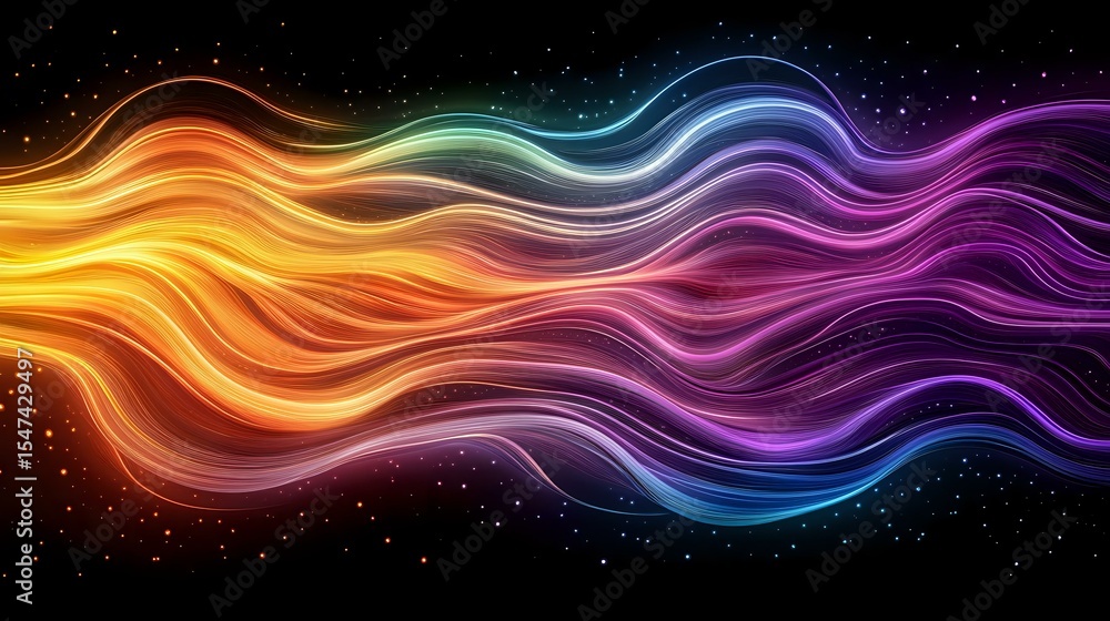 Poster vibrant flowing waves of rainbow colors against dark starry background create dynamic abstract patte