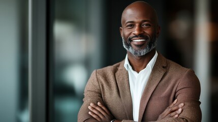 A charismatic man poses confidently with crossed arms against a soft-focus background, exuding warmth and approachability with a welcoming smile on his face.
