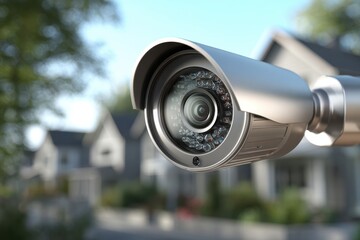 A high-tech security camera is mounted outside a residential home, ensuring the safety and protection of the property and its occupants with advanced surveillance.