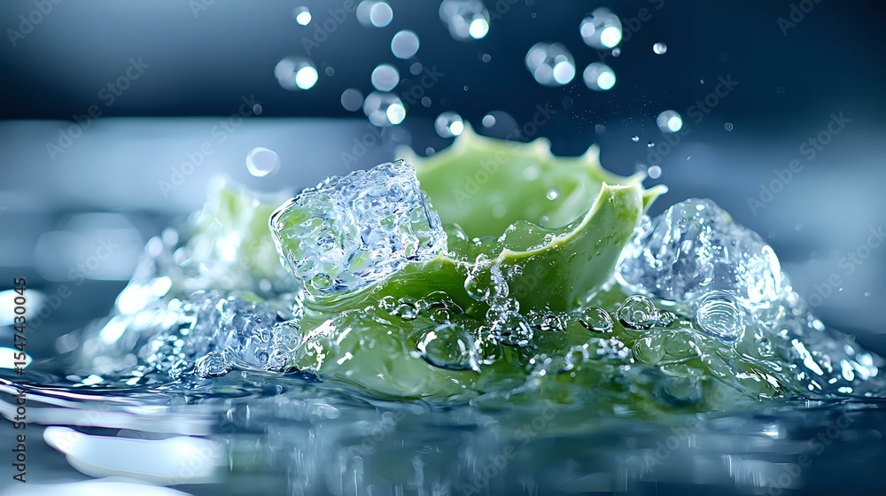 Poster fresh lime slice splashing in crystal clear water with dynamic droplets and bubbles against dark blu