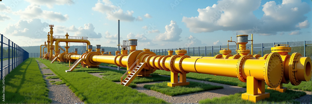 Poster gas pipeline industrial infrastructure on green field. yellow gas pipeline system components are sho