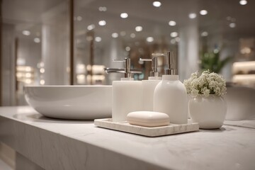 Modern bathroom interior featuring a sleek marble countertop with a bowl sink, soap dispenser, and a small vase of delicate white flowers, illuminated by soft lighting.