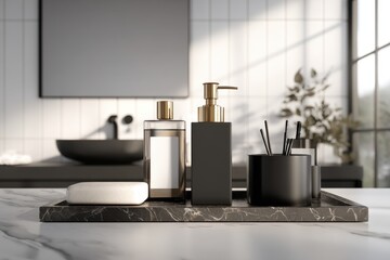 Elegant bathroom set with soap dispenser, soap and air freshener on marble tray offers a luxurious spa-like experience in a modern minimalist setting.