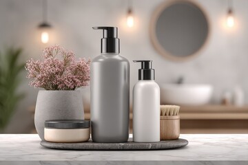 Elegant bathroom interior showcasing a set of cosmetic products on a marble surface, enhancing a spa-like atmosphere and promoting wellness and skincare routines.