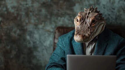 This surreal image shows a man with a reptilian creature's head working on a laptop, blending fantasy with reality, provoking thought and curiosity about identity and technology.