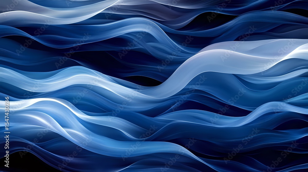 Poster flowing abstract waves in deep navy and light blue create dynamic movement pattern. smooth curved li
