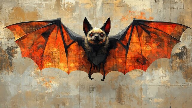 Abstract, a bat expressed through geometric shapes and contrasting colors, providing a modern, artistic interpretation with a creative approach.