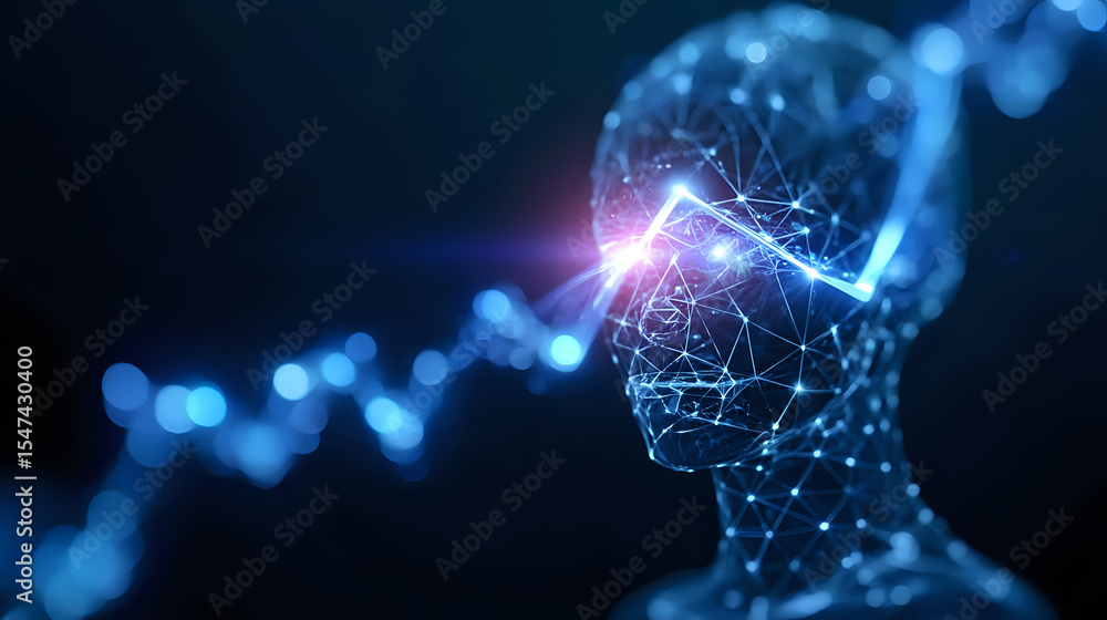 Poster digital wireframe profile with glowing nodes and connections on dark background illustrates artifici