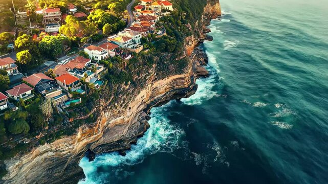 Breathtaking aerial view of Sydney Bronte district highlighting ocean cliffs and coastal homes, Sydney Bronte district aerial view Ocean cliff with residential area