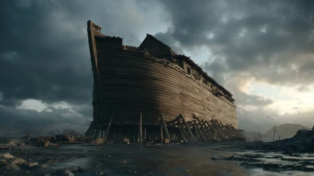 Majestic view of Noah's Ark against a dramatic sky, showcasing its grandeur and intricate wooden structure, with a sense of impending storm.