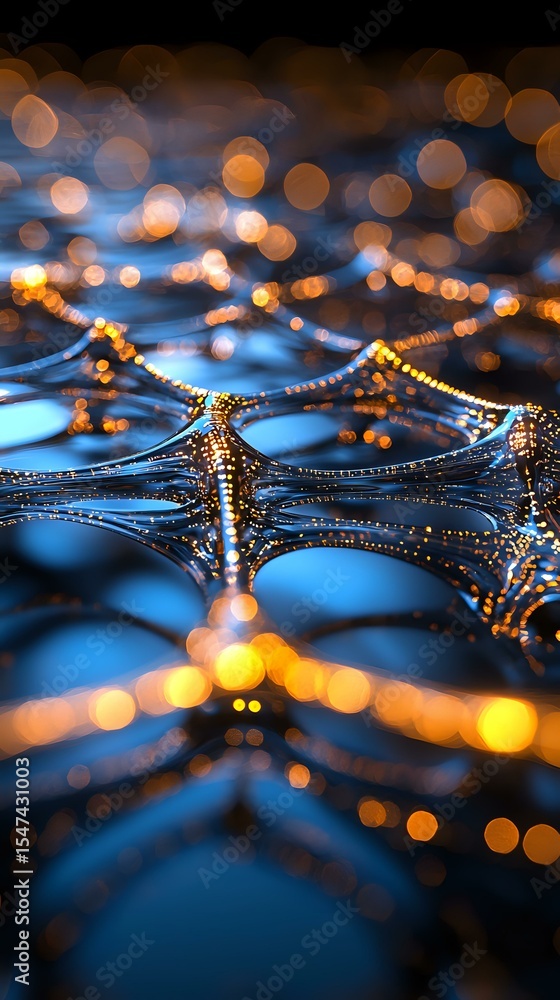 Poster macro photography of water drops with golden bokeh lights creating abstract pattern on dark blue bac