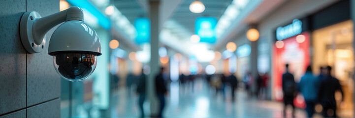 Fototapeta premium Security camera in shopping mall hallway. Surveillance system protects shoppers and stores. Modern security camera ensures safety for retail businesses.
