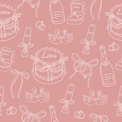 Wedding occasion hand drawn style illustration seamless pattern pink cake and wine