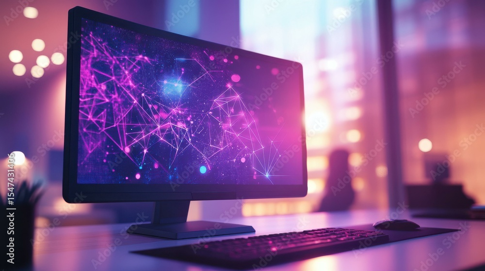 Poster Abstract network graphic on computer monitor in modern office