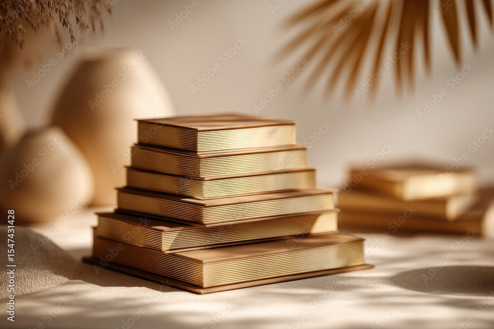 Poster a stack of books with golden edges, arranged in a bohemian style setting, creates an elegant and sop