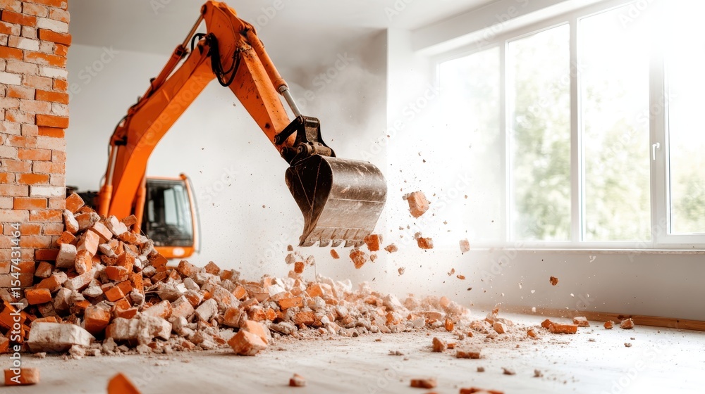 Poster an excavator removes bricks as part of a demolition process, creating a dynamic scene with dust and 