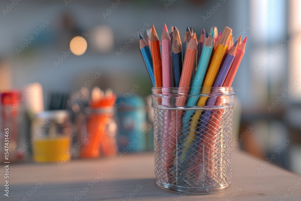 Poster a vibrant display of colored pencils arranged in a wire mesh holder, capturing the essence of creati