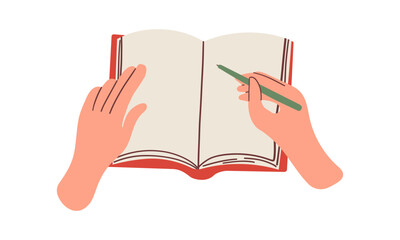Hand writing note, plan in paper notebook, personal diary on desk. Taking records, to do list in planner, organizer. Flat vector illustration isolated on white background