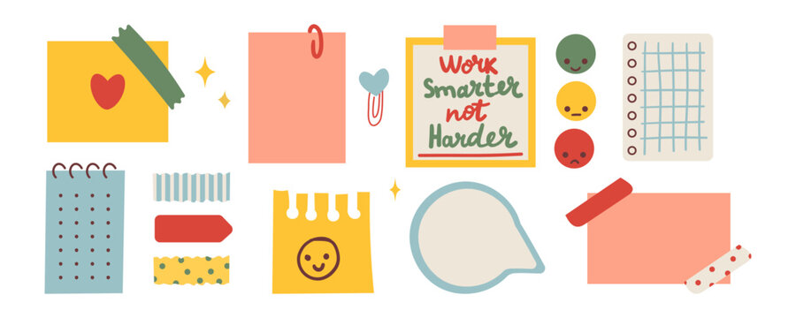 Various Paper notes on stickers. Information board with blank Paper sticky notes for reminders, to do list, planner, schedule. Hand drawn Vector hand drawn illustration. Cartoon style isolated .