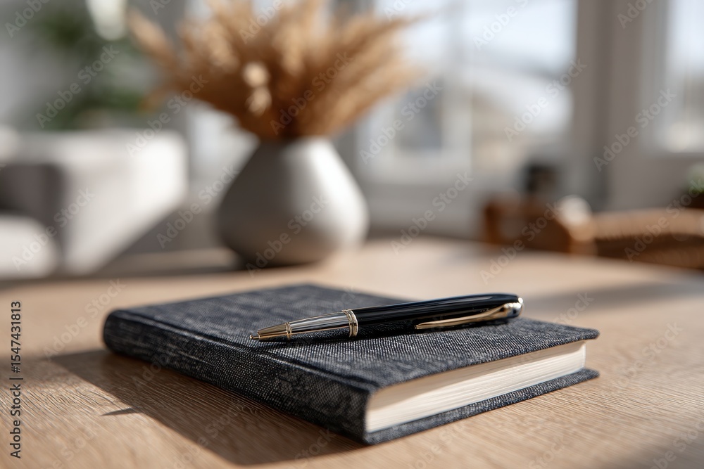 Poster elegant workspace with a textured notebook and a luxurious pen resting on a wooden desk, creating a 