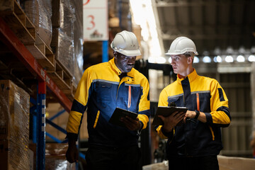 Worker checking on shelf with digital tablet in warehouse. Professional workers management business delivery import - export online stock for logistics.
