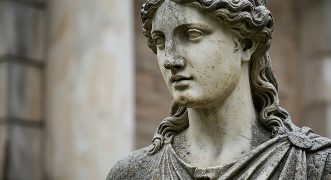 Weathered Marble Bust of a Classical Woman, Close-Up Detail