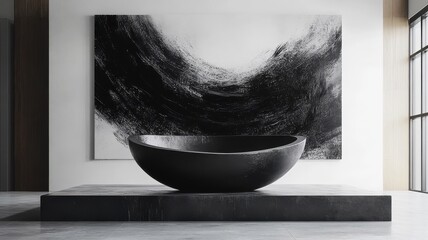 Dramatic abstract expressionism style black podium with bold brushstrokes and contrasts.