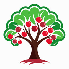 Stylized cherry tree with red fruit and green leaves isolated on white