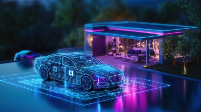 Sleek digital wireframe car parked outside modern house at night