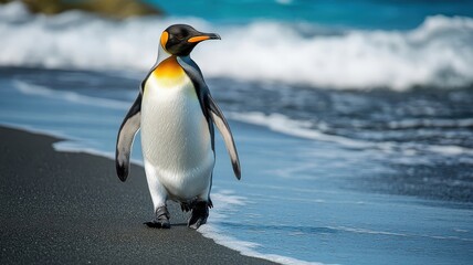 Obraz premium A penguin strolling along a beach, its black and white feathers contrasting with the golden sand and blue waves.