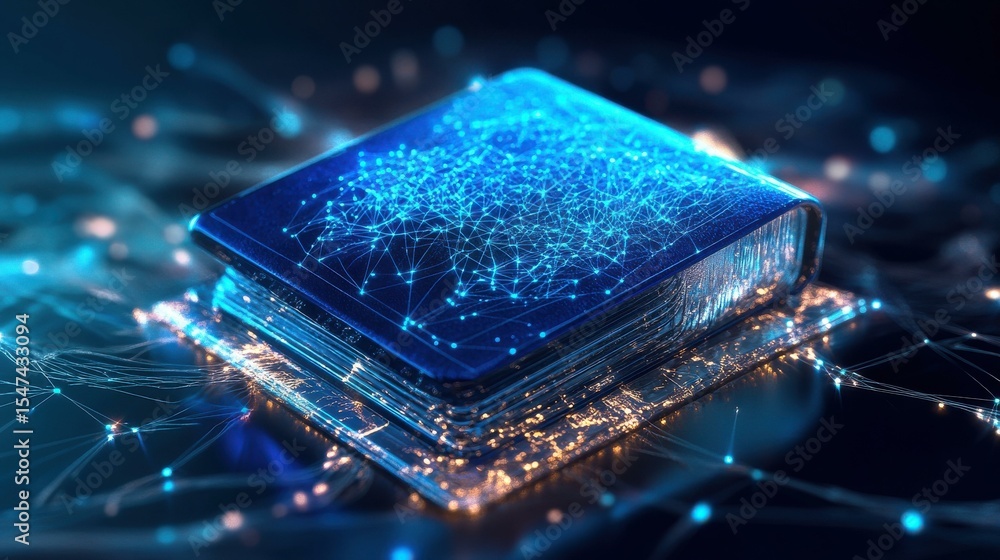 Poster Glowing book with digital network pattern on dark background