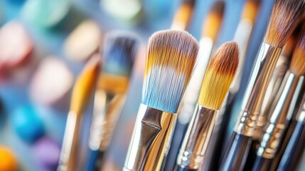 Close-up of various paintbrushes in vibrant art supply setting