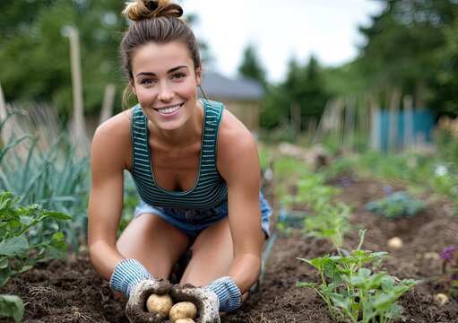 A woman is working in the garden, planting potatoes and pulling them out of the ground with gardening gloves on her hands