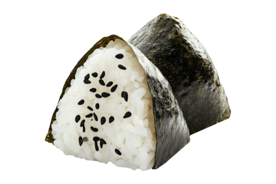Japanese onigiri rice ball with black sesame seeds and nori seaweed wrap, isolated on white transparent background, showcasing traditional Asian cuisine concept