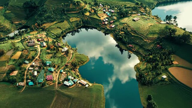 Stunning aerial view of Lake Bunyonyi and its lush landscape in Uganda, Aerial view of Lake Bunyonyi in Uganda