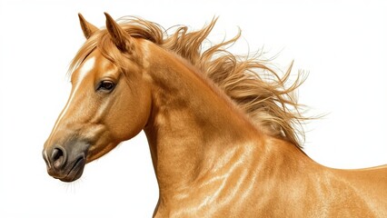 Obraz premium Elegant red horse standing proudly on a clean white isolated background, showcasing its strong posture, vibrant color, and graceful form, perfect for concepts of beauty, strength, and equine majesty 