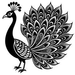 Fototapeta premium Black and white peacock with ornate feathers isolated on white